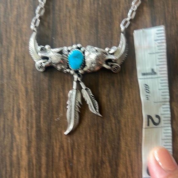 Navajo Sterling Silver and Turquoise Wolf Pendant Necklace - Picture 3 of 8